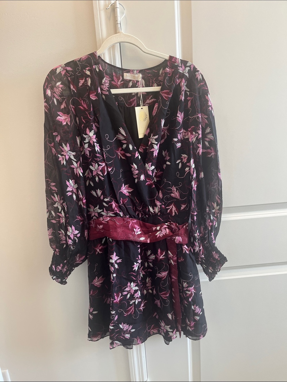 Ramy Brook Black Floral Wrap Dress with Pink and Burgundy Accents